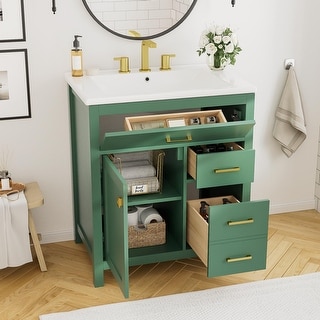 Solid Wood Frame Bathroom Vanity 30" Green Bathroom Storage Cabinet ...